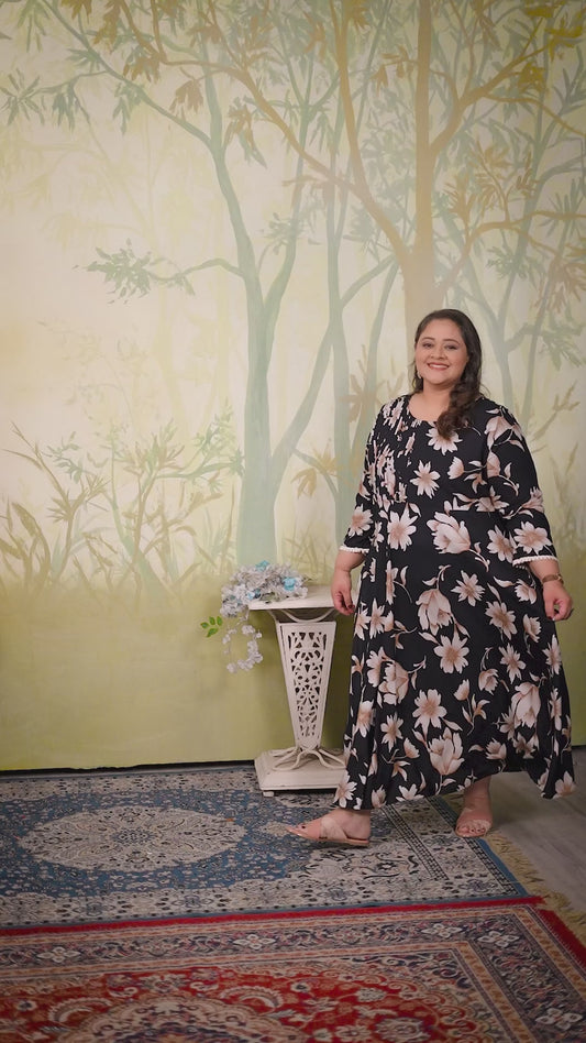 Plus Size Navy Blue Floral Maxi Gown – Elegant Long Dress for Women