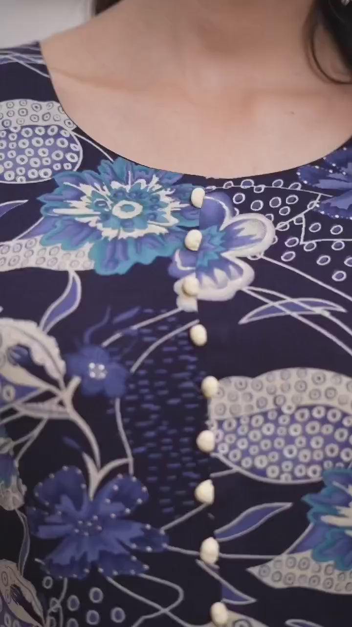 Navy Blue Printed Long Kurti with Dupatta – Stylish & Comfortable