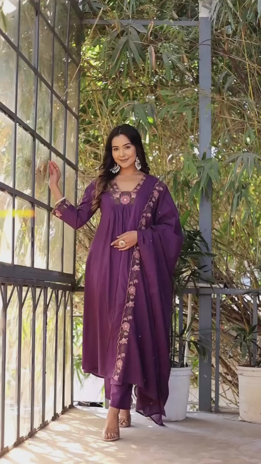 Purple Designer Embroidered Anarkali Kurta Set with Dupatta – Flared Ethnic Outfit