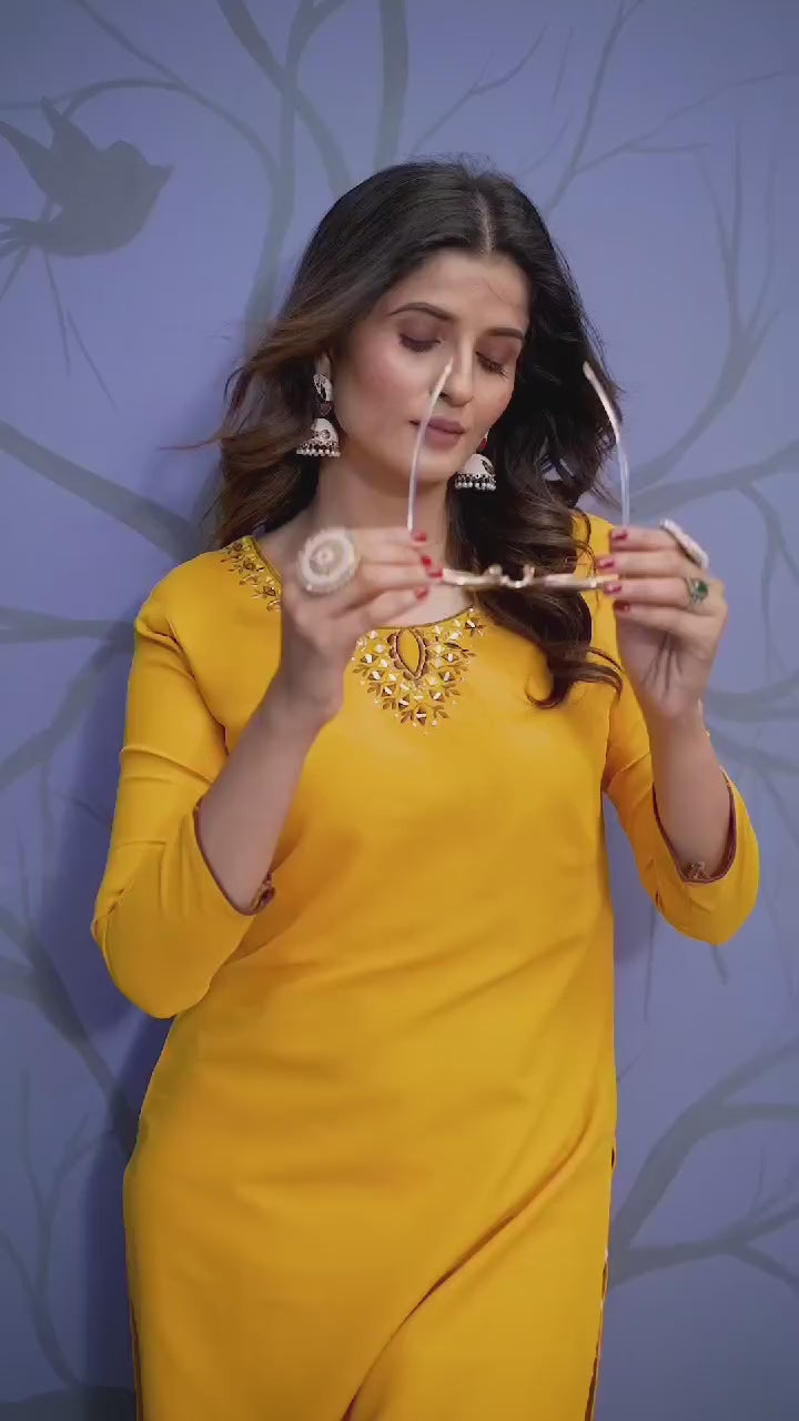 Mustard Cotton Handwork Embroidery Kurta Set – Daily Casual Wear for Women