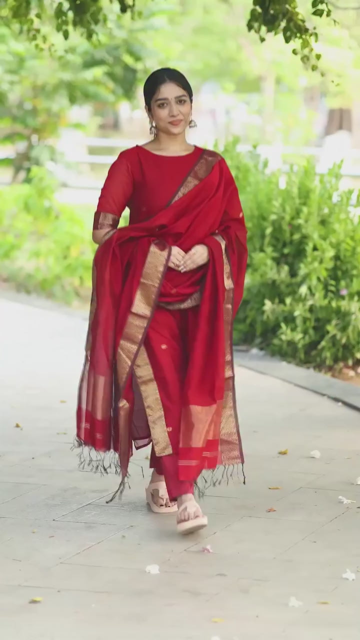 Red Kanchi Cotton Kurti Set with Zari Dupatta