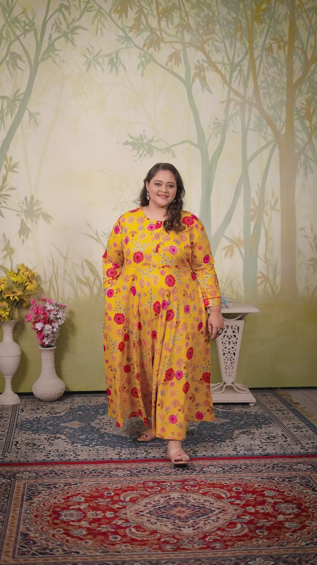Plus Size Orange Floral Print Rayon Gown – Elegant & Breathable
