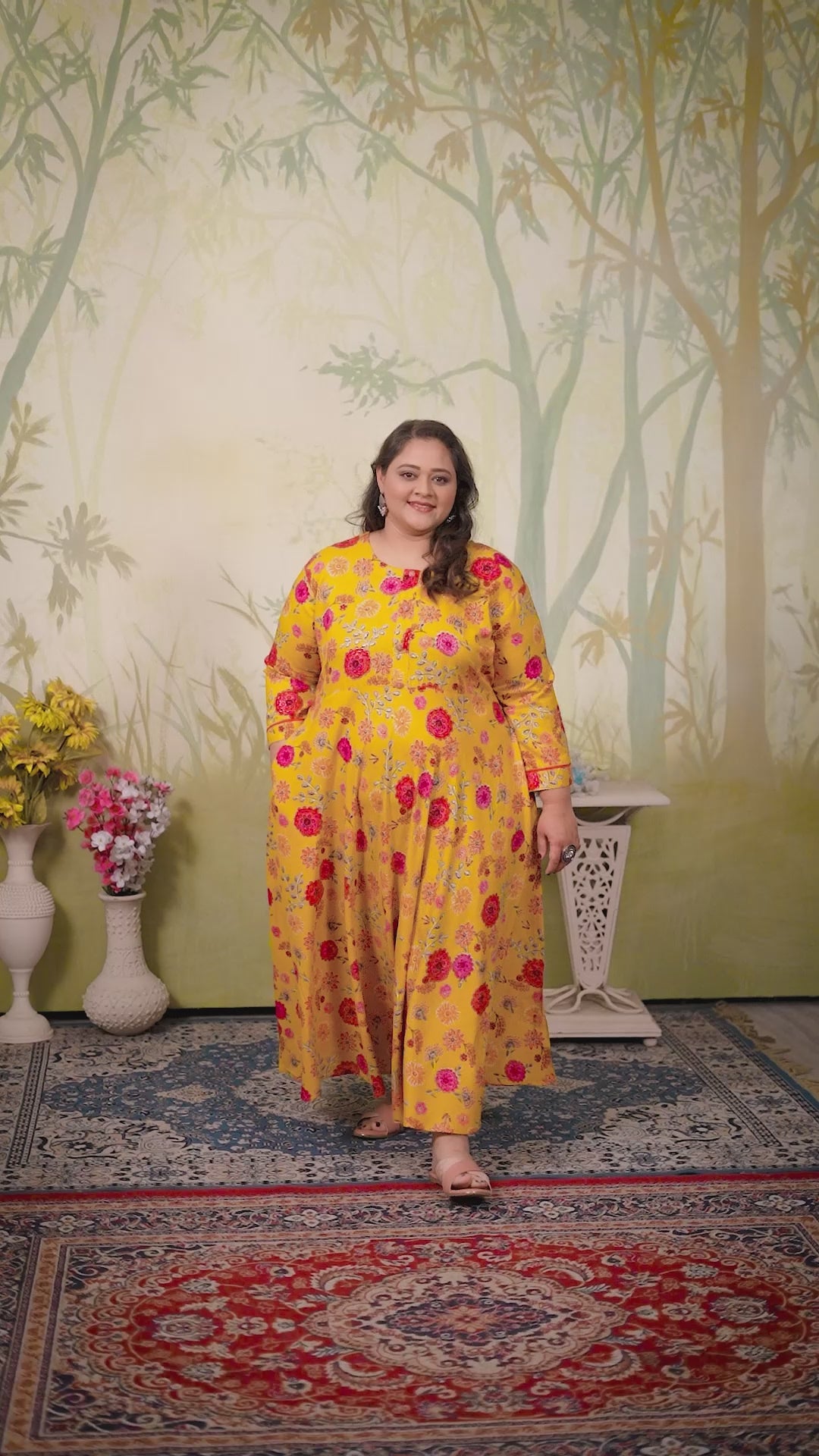 Plus Size Orange Floral Print Rayon Gown – Elegant & Breathable