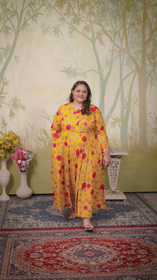 Plus Size Orange Floral Print Rayon Gown – Elegant & Breathable