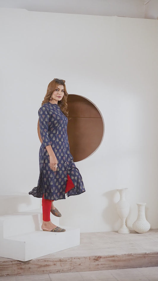 Navy Blue Printed Muslin Kurti for Women – Casual & Daily Wear