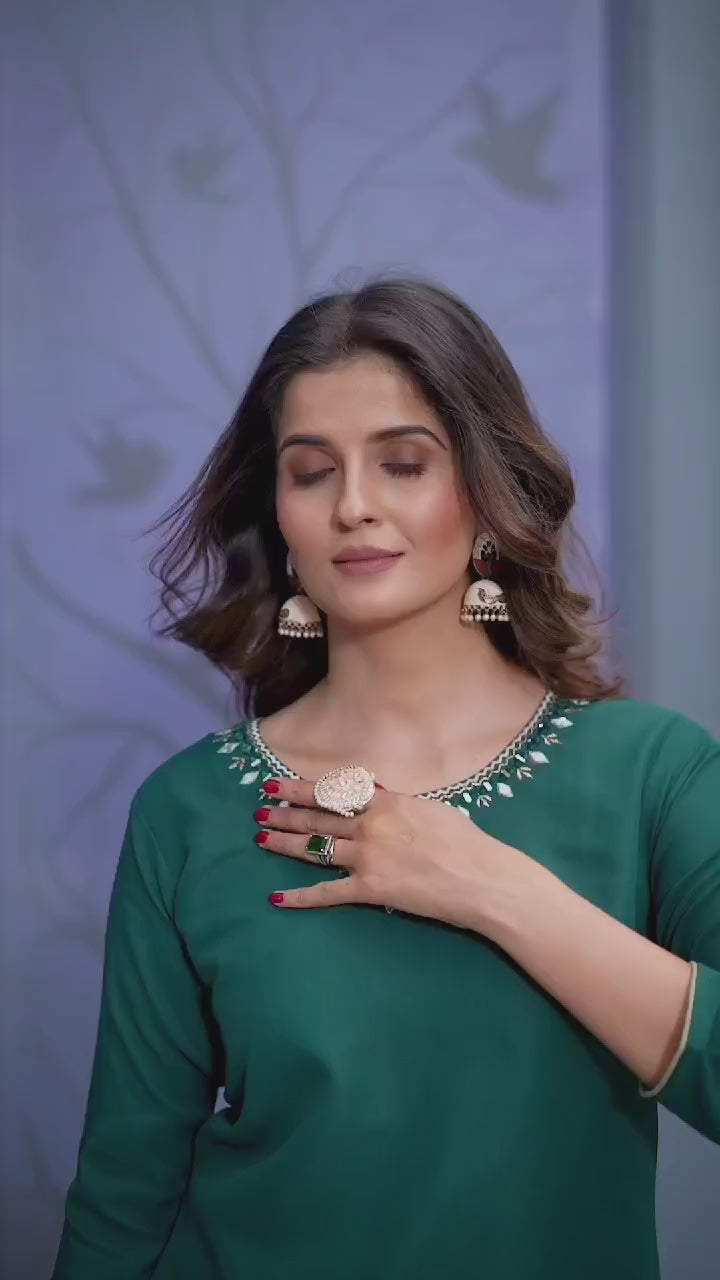 Daily Casual Wear Green Cotton Handwork Embroidery Kurta for Women