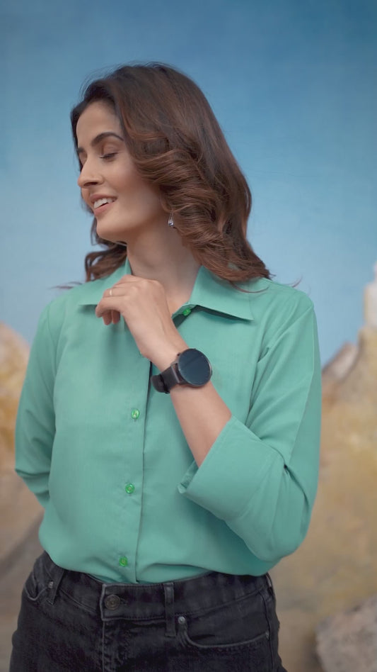 Cyan Green Solid Cotton Shirt for Women – Plain & Comfortable Everyday Wear