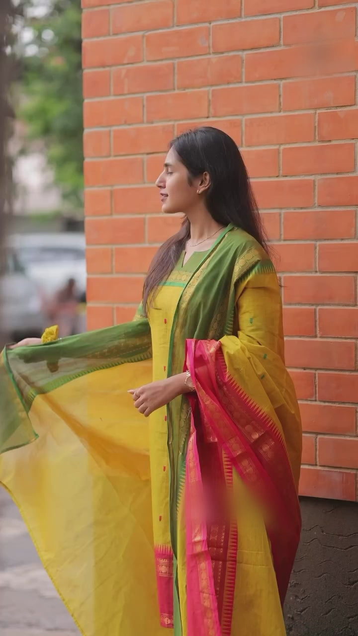 Yellow Kanchi Cotton Kurti with Red Dupatta
