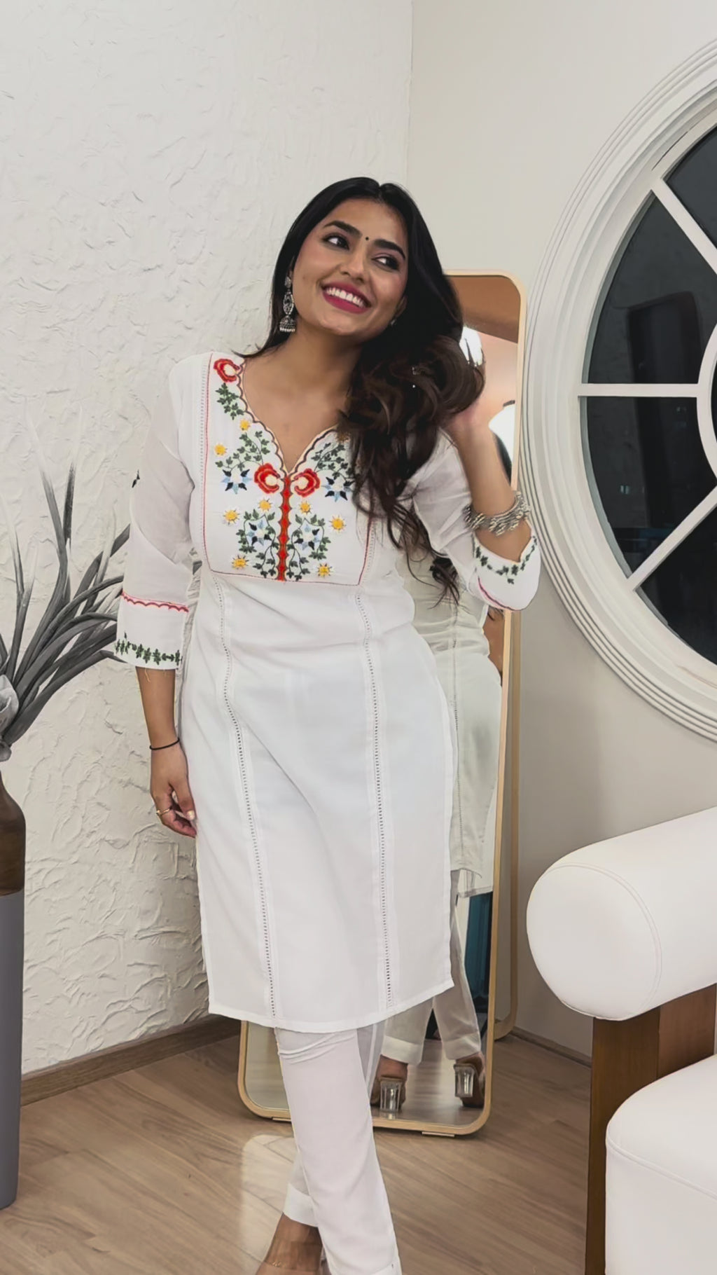 White Cotton Embroidered Kurta Pant Set | Elegant Handwork
