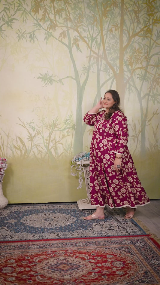 Plus Size Magenta Floral Maxi Gown – Elegant Long Dress for Women