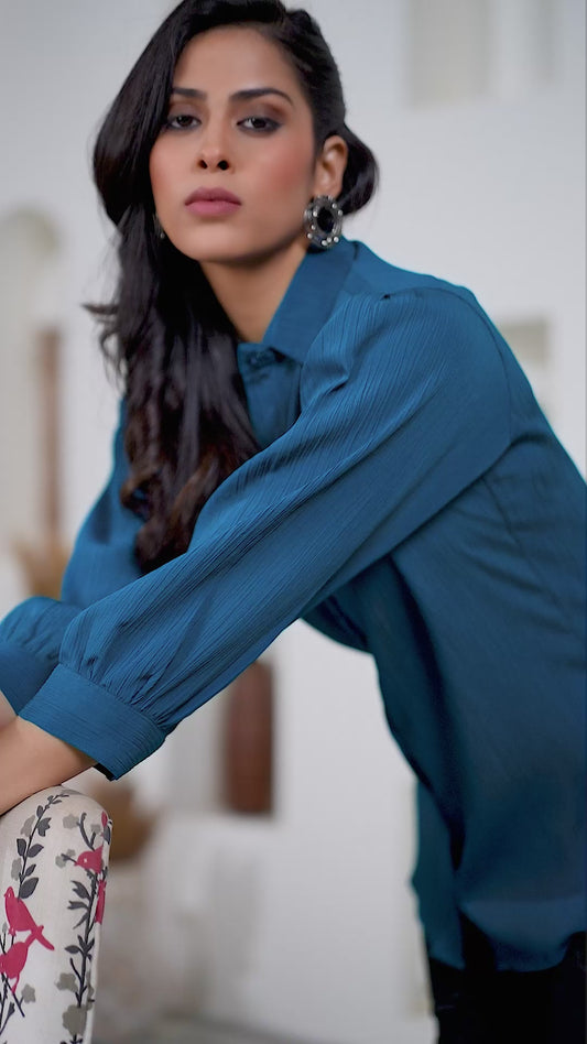 Blue Office-Ready Women’s Cotton Shirt – Stylish & Breathable