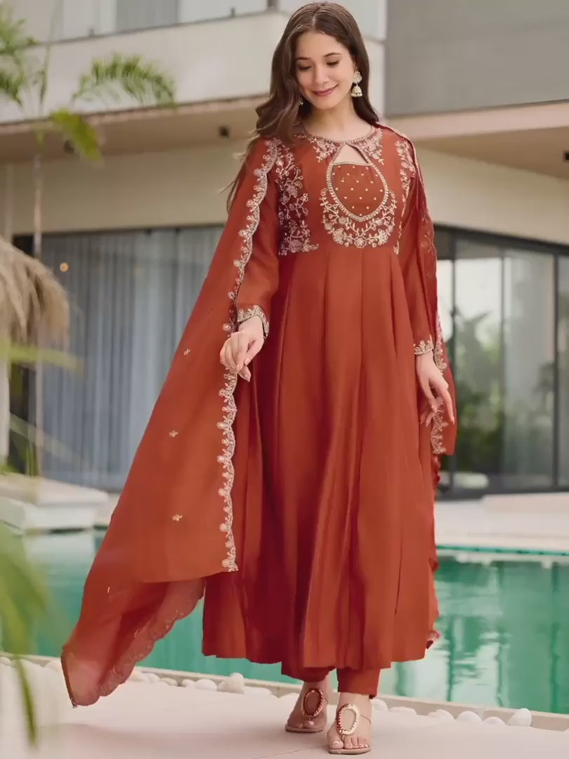 Rust Orange Embroidered Vichitra Suit Set with Dupatta | Designer Festive Kurta Set