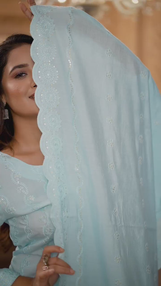 Blue Embroidered Sequinned Kurta Set with Dupatta – Elegant Ethnic Wear for Women