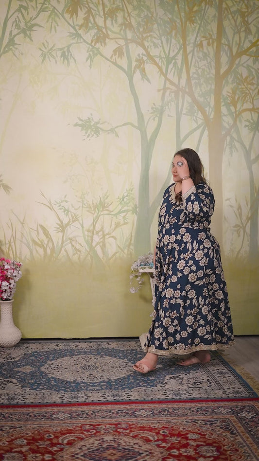 Plus Size Cyan Bue Floral Maxi Gown – Elegant Long Dress for Women