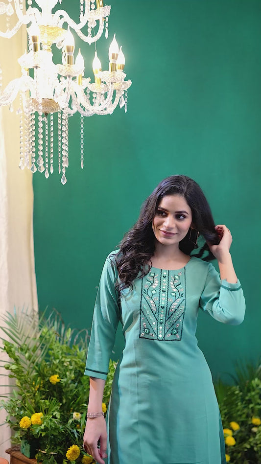 Cyan Stylish Cotton Mirror Work Kurta for Women Daily Wear Ethnic Outfit