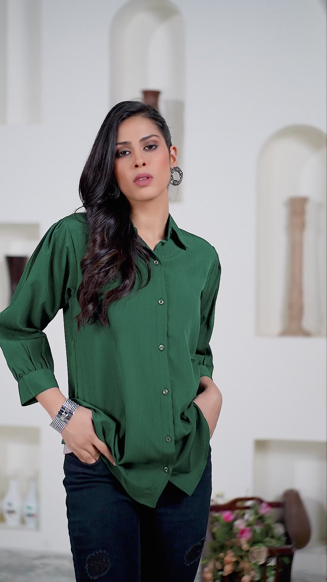 Green Office-Ready Women’s Cotton Shirt – Stylish & Breathable