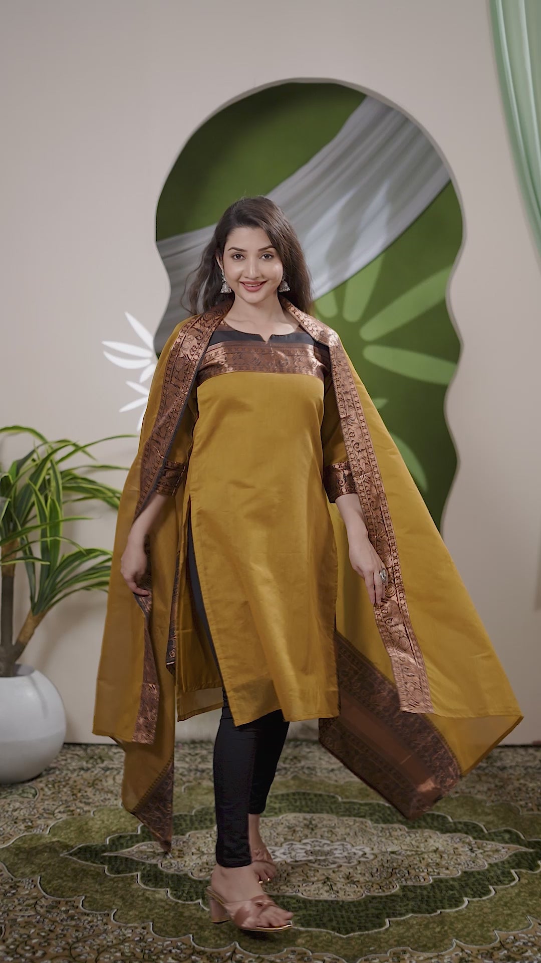 Royal Mustard Kanchi Cotton Kurti Set with Antique Zari Dupatta