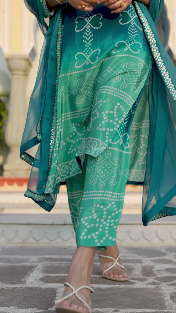 Teal Green Chinnon Silk Suit Set with Dupatta | Designer Printed & Embroidered Kurta Set