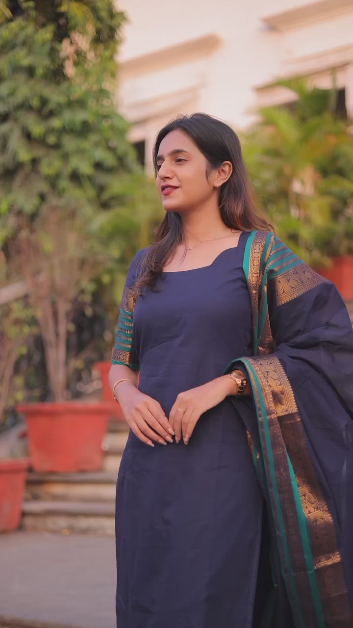 Navy Blue Kanchi Cotton Kurti with Designer Dupatta