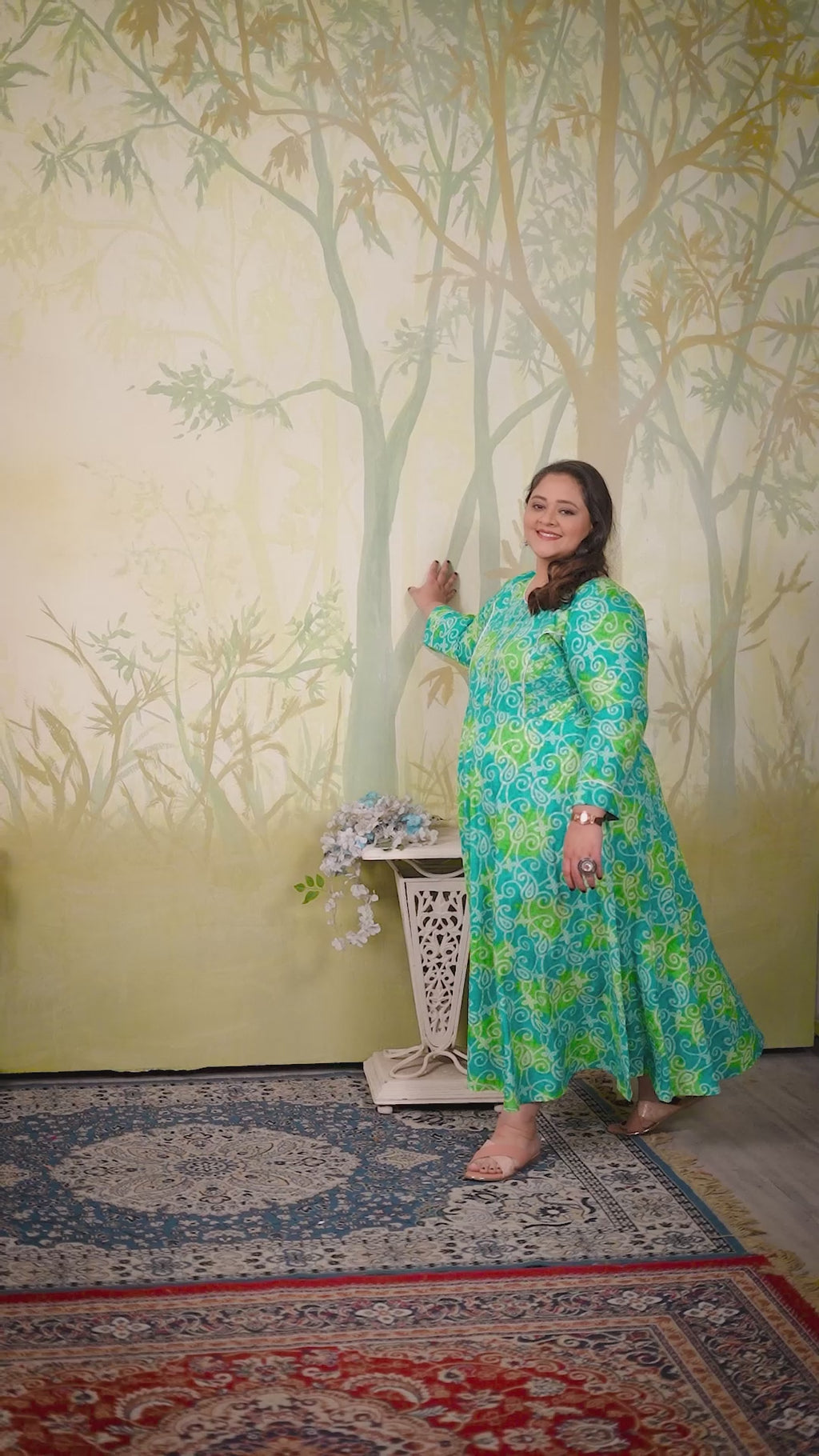 Plus Size Cyan Green Bandhani Print Maxi Gown – Ethnic Flared Dress for Women