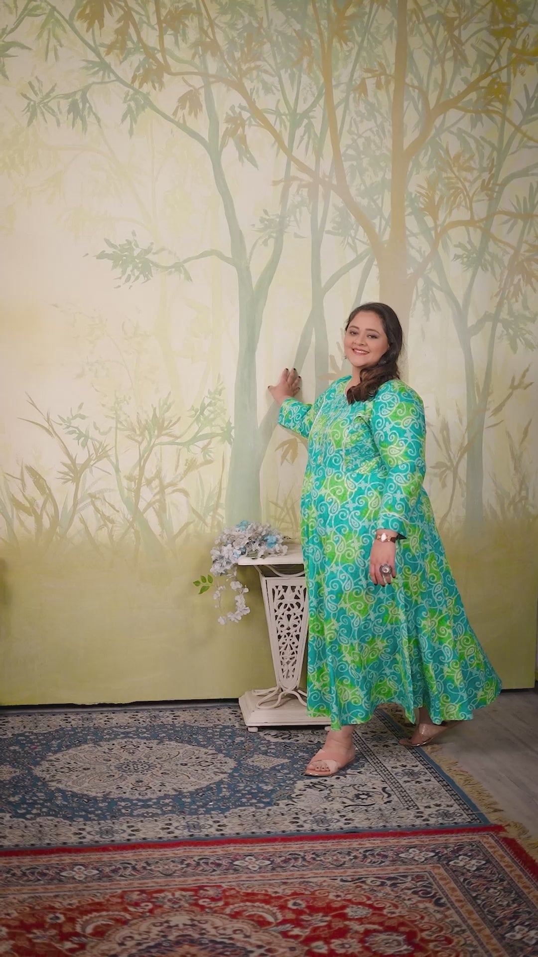 Plus Size Cyan Green Bandhani Print Maxi Gown – Ethnic Flared Dress for Women