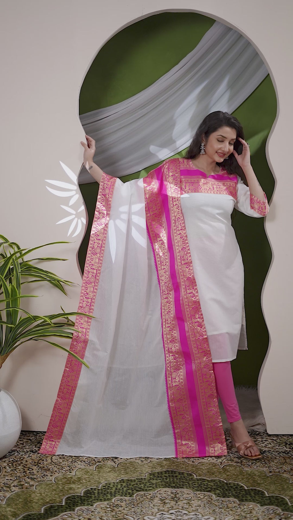 Royal Off-White Kurti Set with Rani Pink Zari Dupatta