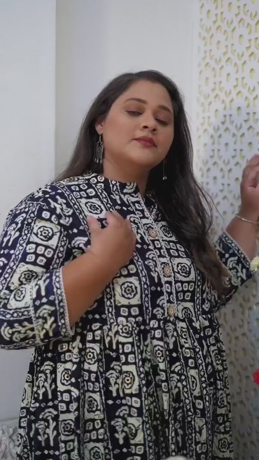 Navy Blue Plus Size Printed Maxi Gown – Elegant Long Dress for Women