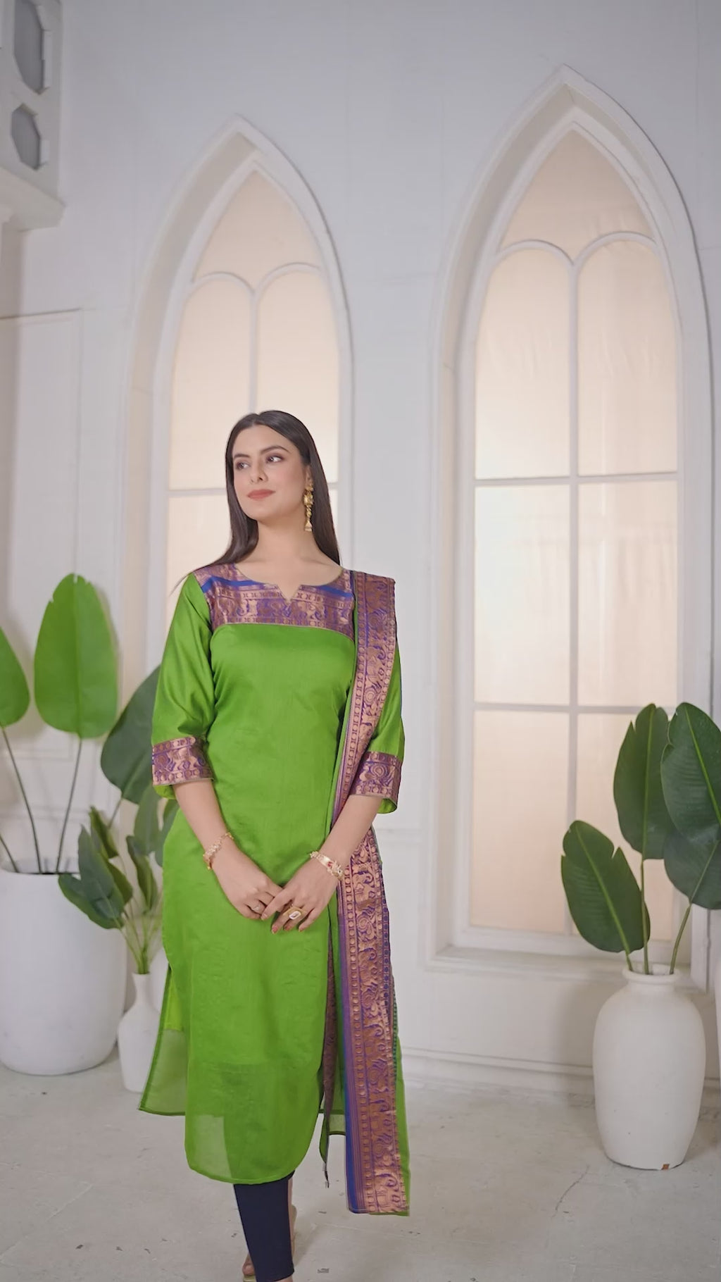 Mehandi Kanchi Cotton Kurti with Royal Blue Zari Dupatta