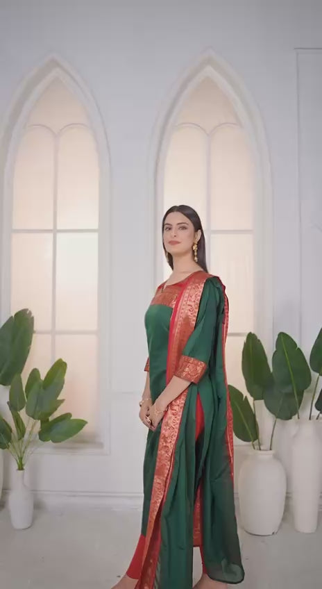 Bottle Green Kanchi Cotton Kurti with Rich Red Gold Dupatta