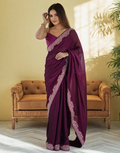 Dark Wine Silk Saree with Lace Work and Matching Blouse Piece