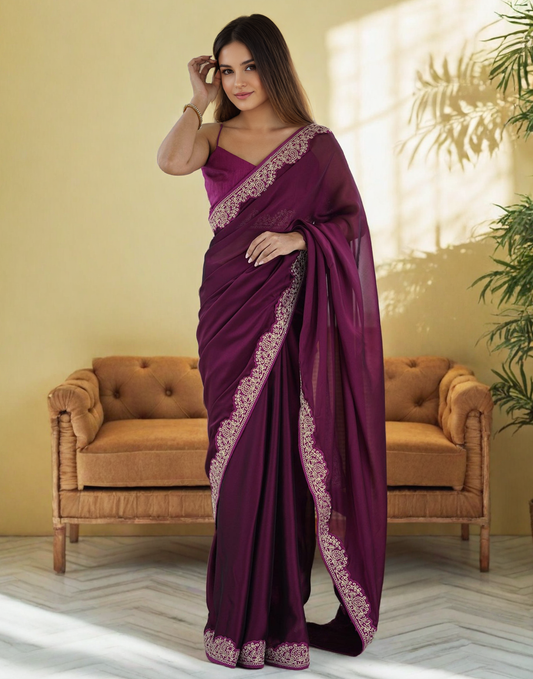 Dark Wine Silk Saree with Lace Work and Matching Blouse Piece